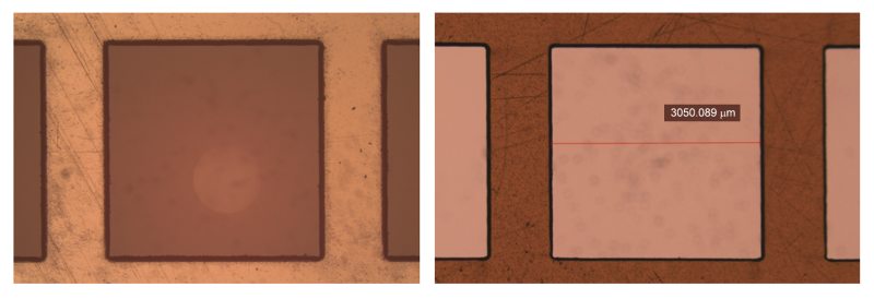 PET (left) and PI (right) polymer 75 um thick films cut with a Spectra-Physics Spirit 100 W IR fs laser