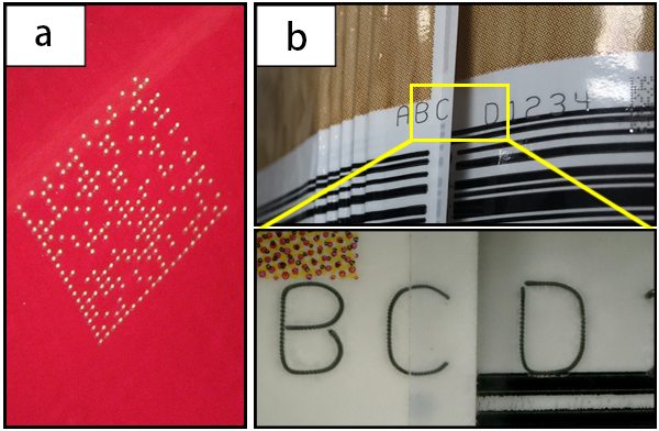 Constant marking contrast for a barcode marked on a curved surface and letters marked across the overlap of two packaging foils